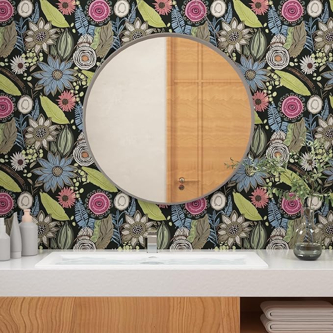 Boho Wallpaper Peel and Stick, Dark Green Vintage Floral Contact Paper