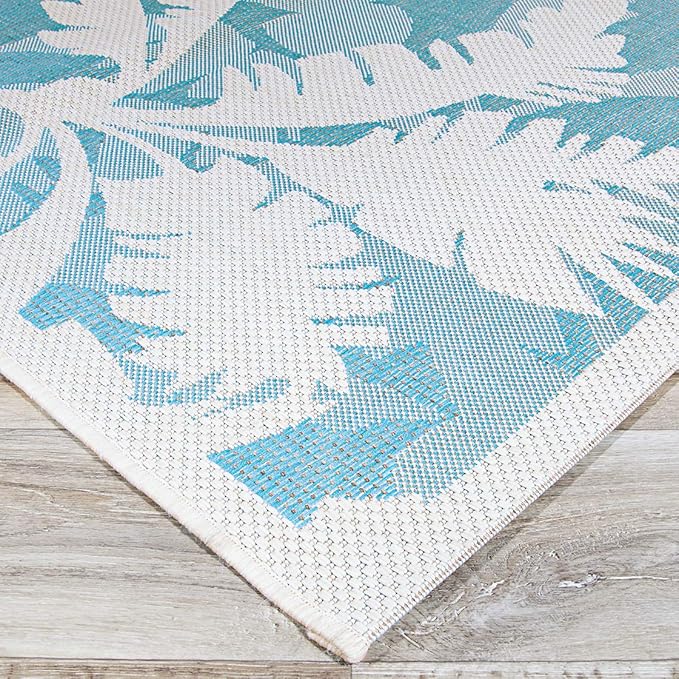 Couristan Monaco Indoor Outdoor Area Rug – Coastal Flora 7'6" x 10'9" in Ivory Turquoise – Flatwoven, Hose Washable, Pet Friendly Rug for Patio, Porch and Home Decor