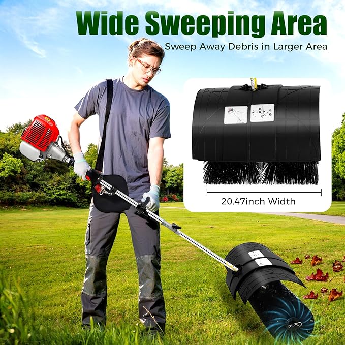 2-Stroke Gas Powered Sweeper Broom, 52CC 2.3HP Gas Hand Held Sweeper with 20.5in Sweeping Brush, 1700W Artificial Lawn Sweeper Cleaner Tools for Cleaning Turf Snow Road Driveway