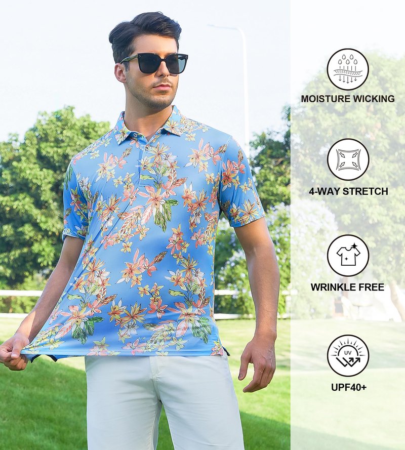 Damipow Mens Golf Shirts Dry Fit Polo Shirts Moisture Wicking Short Sleeve Hawaiian Polo Shirt