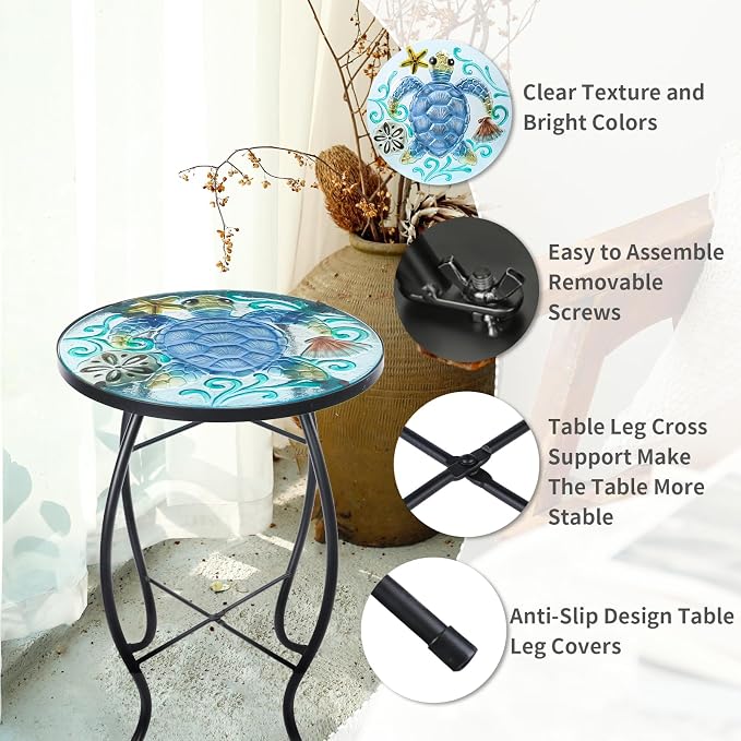 VCUTEKA Patio Side Table Outdoor Accent Table Small Mosaic Table Coffee Table End Table Porch Table Indoor Outdoor Round Glass Balcony Bistro Plant Stands Blue Transparent Turtle 14 inches