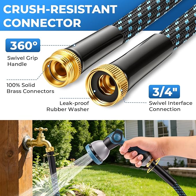 Non-Expandable Garden Hose – Ultra Lightweight & Leak-Proof Kink-Free Water Hose with 10-Function Spray Nozzle – Wear-Resistant Hybrid Hose for Yard, Lawn, Car Wash & Outdoor Use – 50 ft