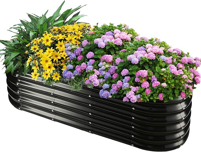 YSEJOMP 17" Tall Outdoor Garden Raised Garden Bed Kits, 5ft X 2ft Oval,0.8MM Thick Metal Raised Planter Bed/Ground Planter Box for Variety of Flowers,Herbs,Vegetables (Black, 60X24X16.5 Inches)