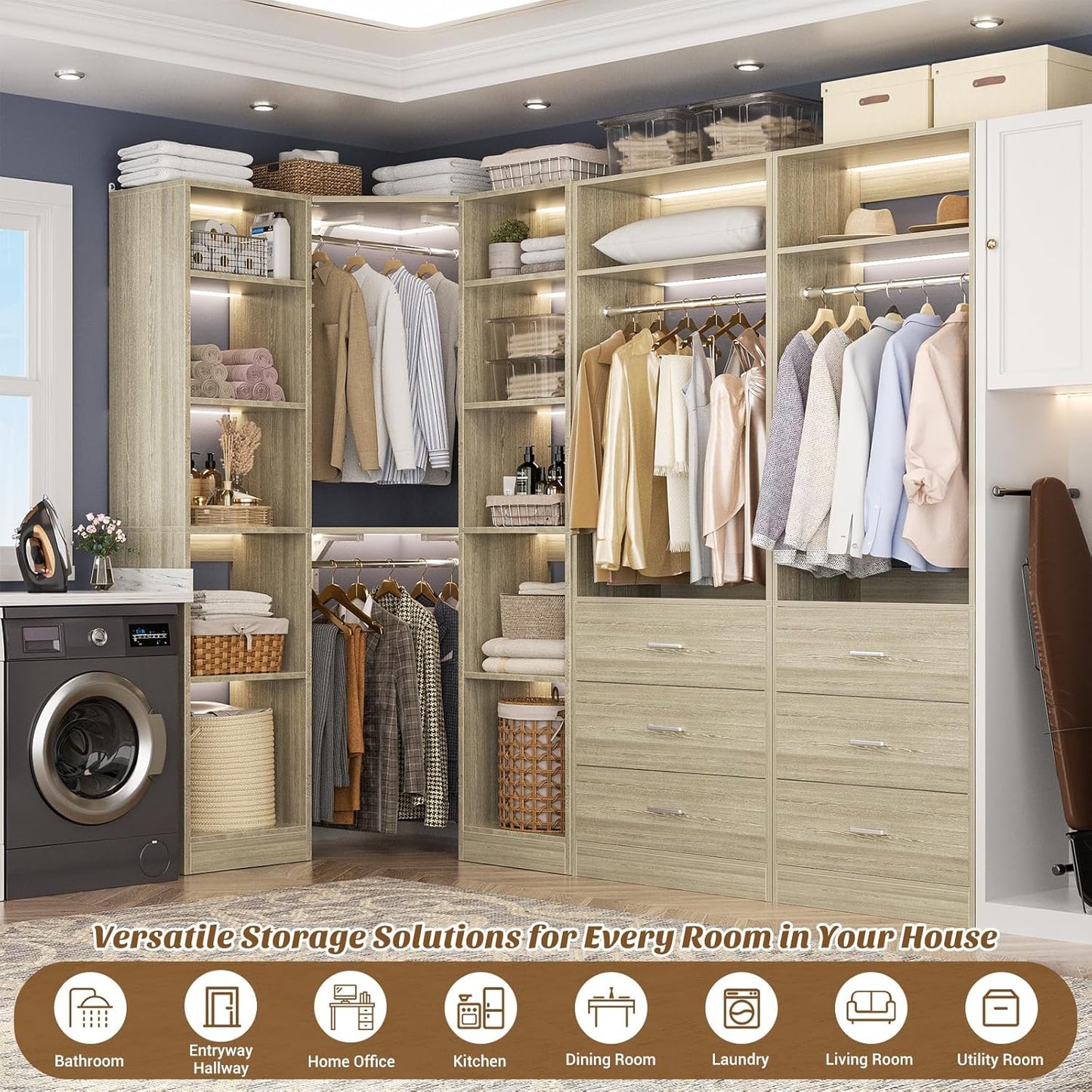 Corner Closet System with 6 Drawers, Closet Organizer System with 14 Shelves & 4 Hanging Rods, 87.2"L * 39.2"W / 63.2"L * 63.2"W Reversible L Shaped Walk-in Closets, Load 2500+LBS, White Oak