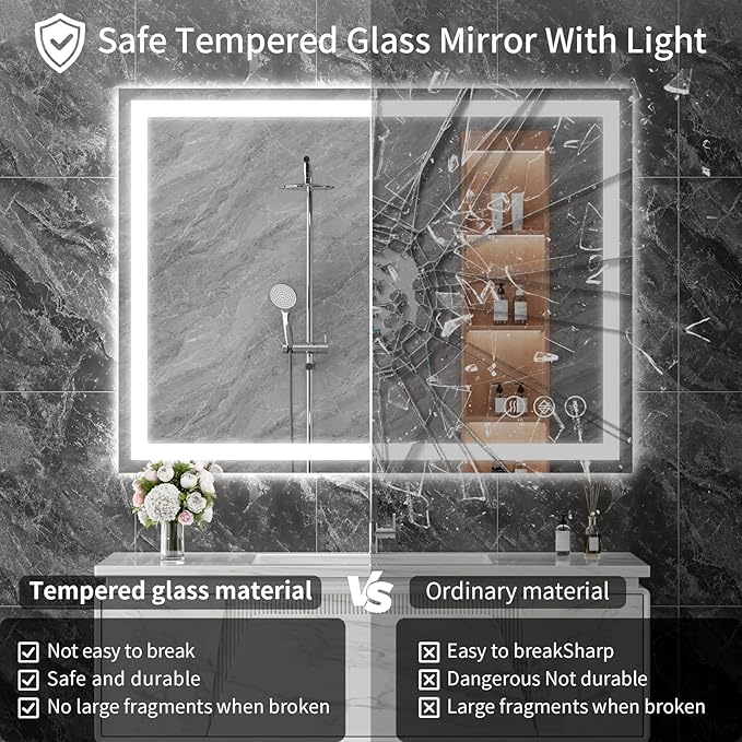 Koonmi 36"x30" LED Mirror for Bathroom, 90CRI Anti-Fog Vanity Mirror