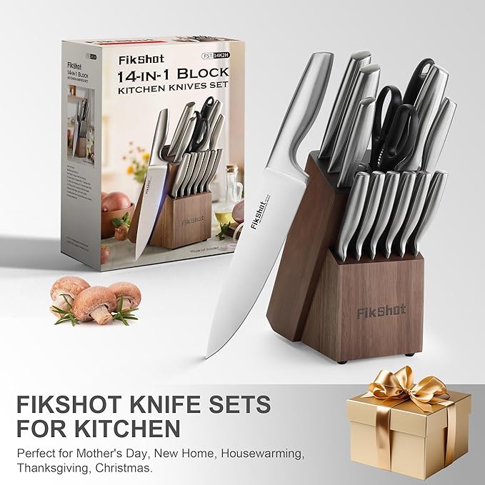 Knife Block Set, Kitchen Knife Sets with Block, FIKSHOT Knives Set for Kitchen - Razor-Sharp Santoku Knife, Fruit and Kitchen Sets - Rust Resistant for Homecooks (Silver + Walnut)