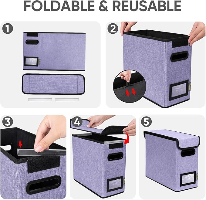 BALEINE File Organizer Box with Lid, Collapsible File Folder Organizer with Plastic Slide, Hanging File Folder Box for Office Document Storage (1 Pack, Purple, S)