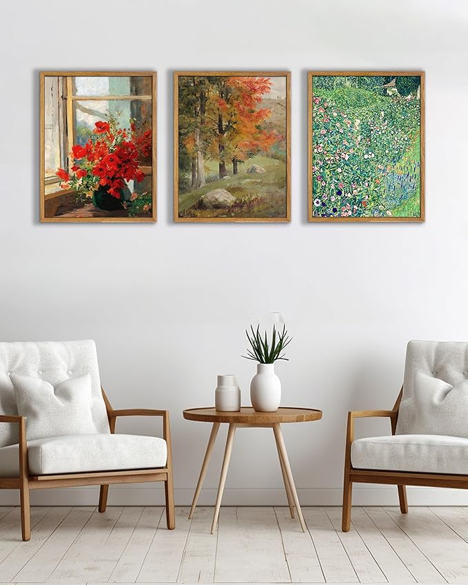 UPWOIGH Framed Wall Art,Autumn Tree Oil Painting Canvas Poster Vintage Fall Landscape Rustic Print Retro Forest Moody Wall Art Living Room Decor 12x16in