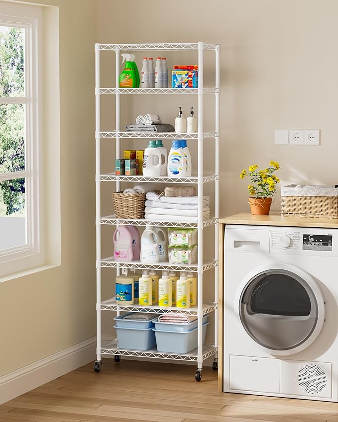 8 Tier Shelves Storage Shelf Wire Closet Bathroom Organizers Metal Pantry Kitchen Garage Shelving Unit Laundry Room Organization Home Rack Net Basket Black with Wheels 12”D X 22”W X 74.2”H