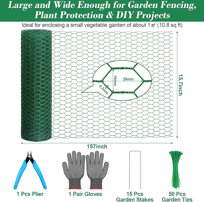Lucomb Plant Protectors from Animals 15.7 x 157 in Green Chicken Wire Plant Cages for Outdoor Plants, Hexagonal Wire Plant Protector with Ground Stakes, Pliers, Garden Protection from Animals