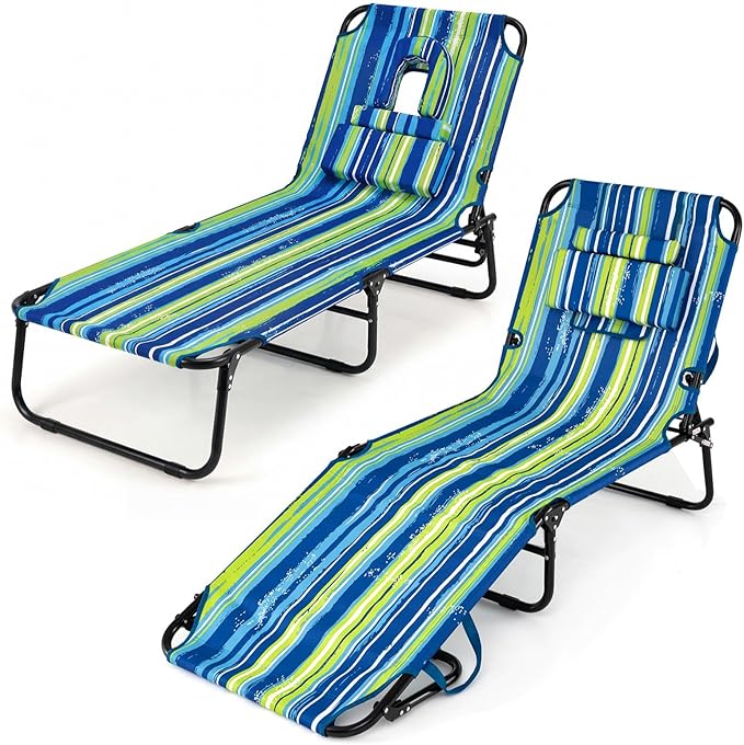 Giantex Tanning Chair, Folding Beach Chair, Adjustable Patio Lounge Chair with Face Hole, Removable Pillows, Carry Strap, Layout Chair, Set of 2 Outdoor Chaise Lounger for Poolside Yard Lawn