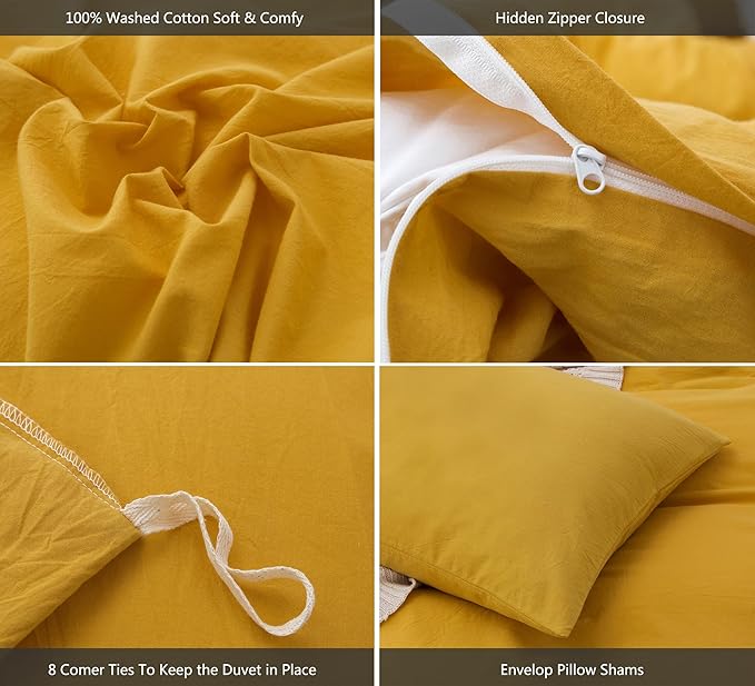 MooMee Bedding Duvet Cover Set 100% Washed Cotton Linen Like Textured Breathable Durable Soft Comfy (Solid Yellow, Full 80"x90")