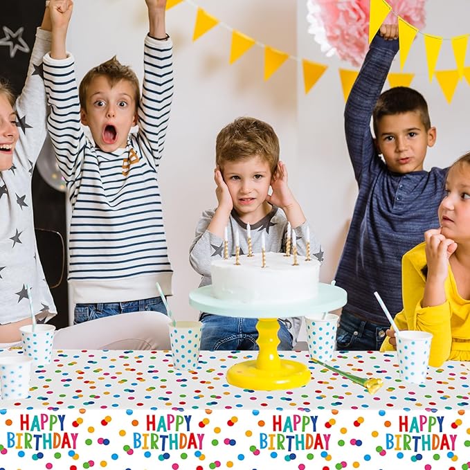 2 Packs Happy Birthday Tablecloth Plastic 54 X 108Inch, Birthday Party Decorations Table Cloth Disposable Colorful Rainbow Dots Birthday Table Cover for Boys Girls Birthday Party Supplies (Birthday)