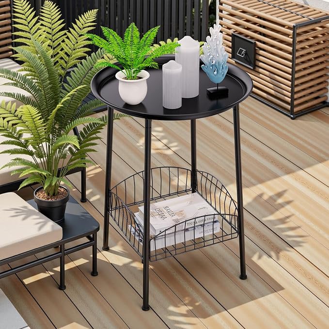 Small Outdoor Side Table, 2-Tier Round Metal Patio Table, Accent Table Waterproof, Weather Resistant End Table for Yard Porch Pool Balcony Garden Bedside (Black)