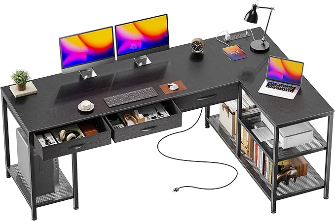 PRAISUN 63 Inch L Shaped Office Desk with Power Outlets and Type-C Port, Large Computer Gaming Desk with 3 Fabric Drawers, Mesh Shelves, Corner Study Work Writing Desk, Black