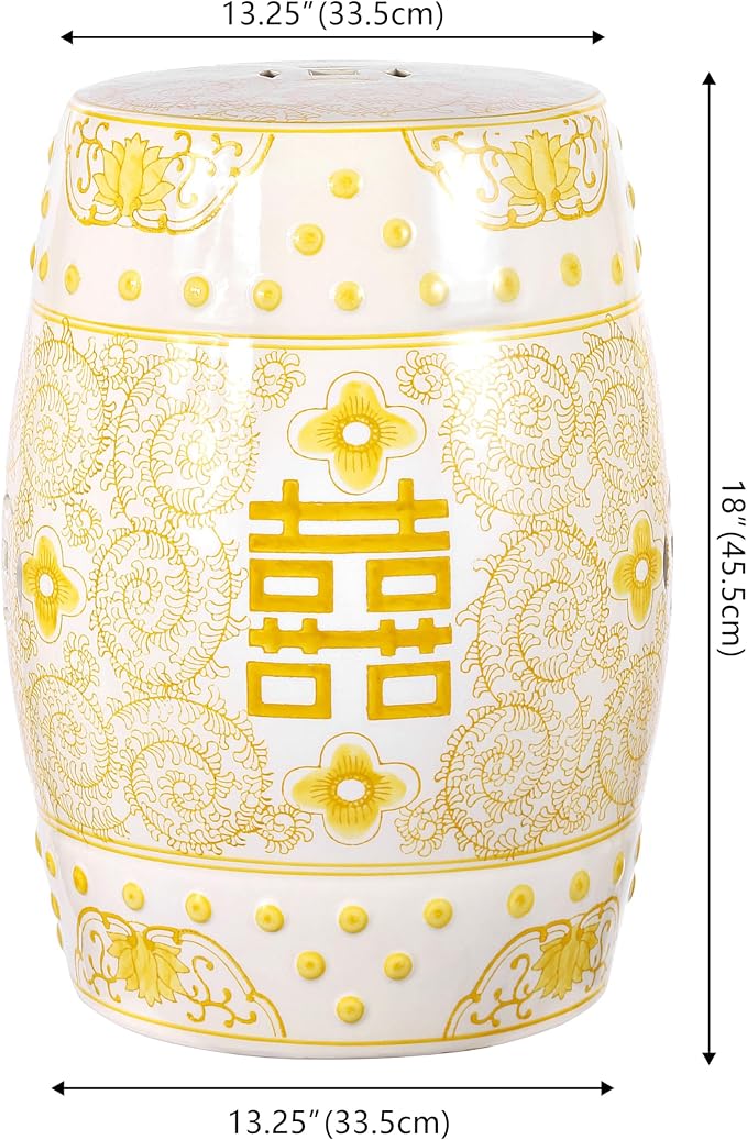 JONATHAN Y Double Happiness 18" Ceramic Garden Stool, Traditional Chinoiserie Yellow and White Indoor/Outdoor Patio Drum Accent Side Table and Plant Stand TBL1013B