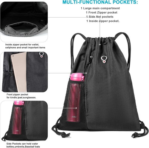 BeeGreen Large Black Drawstring Backpack | Versatile Gym Bag with Water Bottle Pocket & Zippered Front Pocket