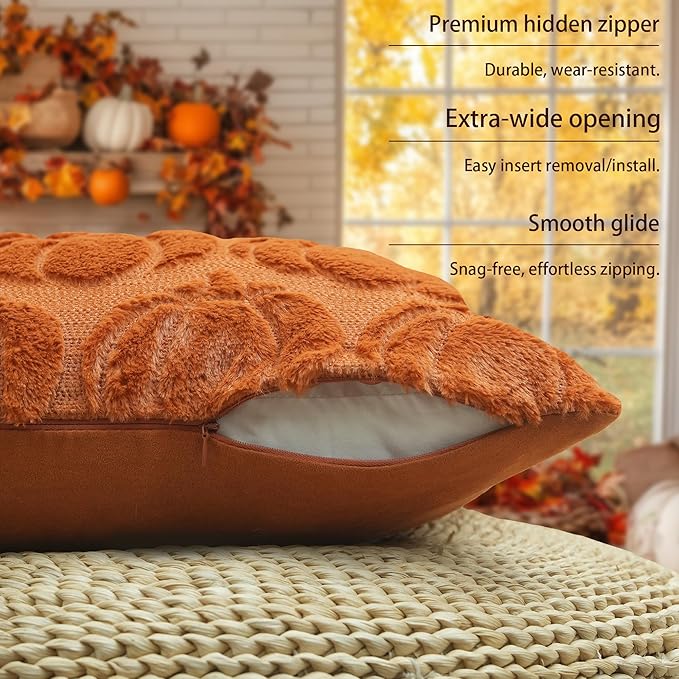 GEEORY Fall Pumpkins Soft Plush Pillow Covers, 12 x 20 Inch Set of 2, Fluffy Faux Fur Wool Decorative Farmhouse Cushion Case for Sofa Home Decoration Orange Pumpkin GC021-12