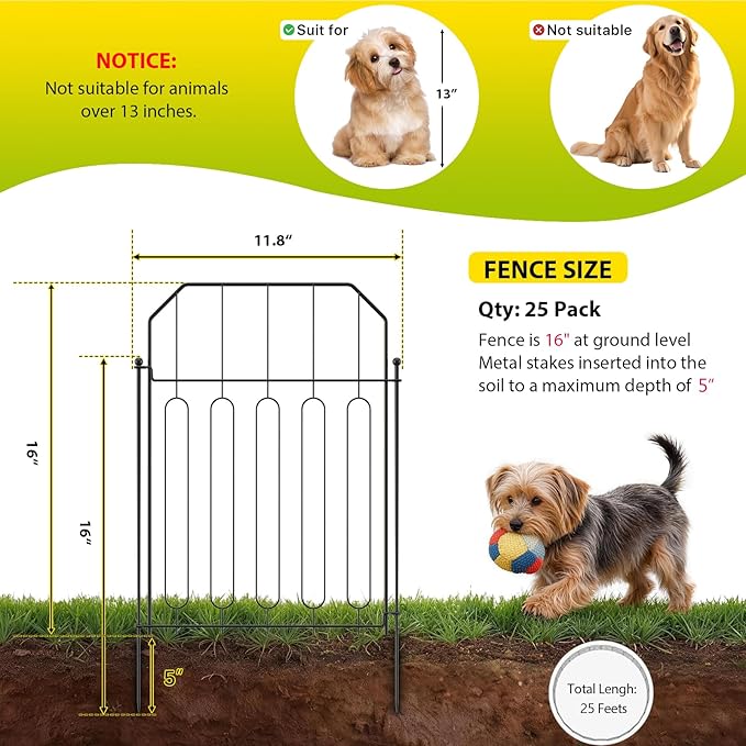 VANCASTLE Decorative Garden Fence, Toatal 25FT(L) x 21IN(H) Outdoor Metal No Dig Fence Animal Barrier, Rustproof No-Tool Assembly Landscape Edging for Yard, Lawn, Patio, Flower Bed-25 Panels Design I