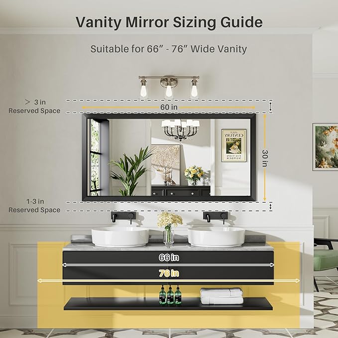 60x30 Inch Black Bathroom Mirror for Wall, Thick Metal Framed Rectangle Mirrors for Over Sink, Bedroom, Living Room, Entryway, Anti-Rust, HD Tempered Glass