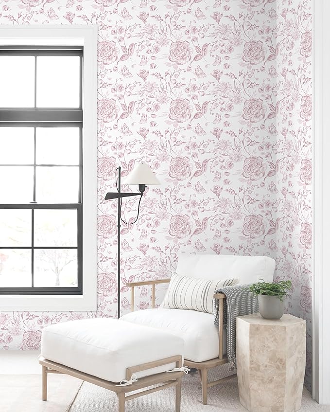 Yasinet Pink Floral Wallpaper Boho Peel and Stick Wallpaper Pink and White