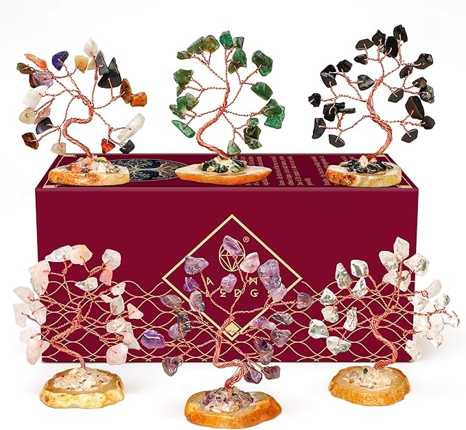 Crystal Tree for Positive Energy, 7 Chakra Stones and Healing Crystals Tree of Life, Money Bonsai Trees, Feng Shui Décor for Home and Office Desk Decoration, Spiritual & Good Luck Gifts Set of 6 Trees