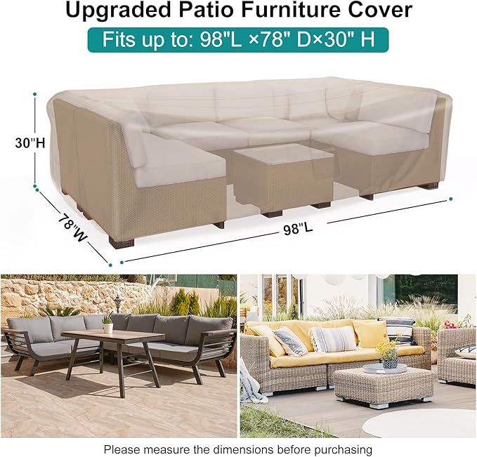 Patio Furniture Set Cover Waterproof, Heavy Duty Furniture Covers for Outdoor Sectional Sofa Set Wicker Rattan Table Chair Rectangular,98"L×78"W×30"H,Brown