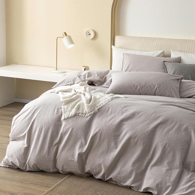 JIYUAN 100% Washed Cotton Duvet Cover Set 3 Pieces Queen, 1 Duvet Cover 90x90 Inches(Comforter Not Included) and 2 Pillowcases,Linen Feel Bedding Set Comfy and Breathable, Heathered Linen