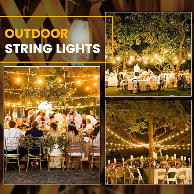 25ft Outdoor String Lights, LED Patio Hanging With 12 Shatterproof Bulbs, Waterproof ETL Listed Bistro for Backyard Garden Cafe