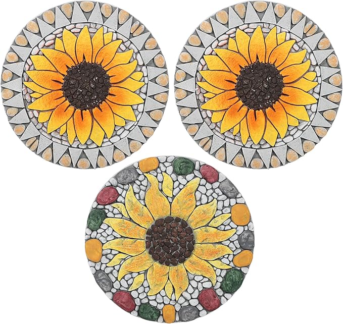 PINPON 3 Pack Gerbera Stepping Stones – 10 Inch Cement Garden Pavers with Colorful Pebble Border, Hand-Painted Outdoor Walkway Stones, Weather-Resistant Decorative Path Stones for Patio & Yard