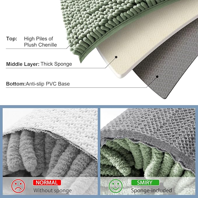 Smiry Luxury Chenille Bathroom Rugs 47x17, Extra Soft and Absorbent Shaggy Bath Mat, Machine Washable, Non-Slip Plush Carpet Runner for Tub, Shower, and Floor, Home Decor Accessories, Sage Green