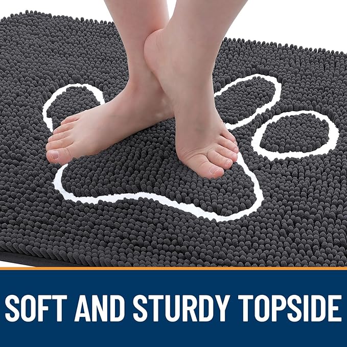 OLANLY Dog Door Mat for Muddy Paws 54x32, Paw Print Design, Absorbs Moisture and Dirt, Absorbent Non-Slip Washable Doormat, Quick Dry Chenille Mud Mat for Dogs, Entry Indoor Entryway Carpet, Dark Grey