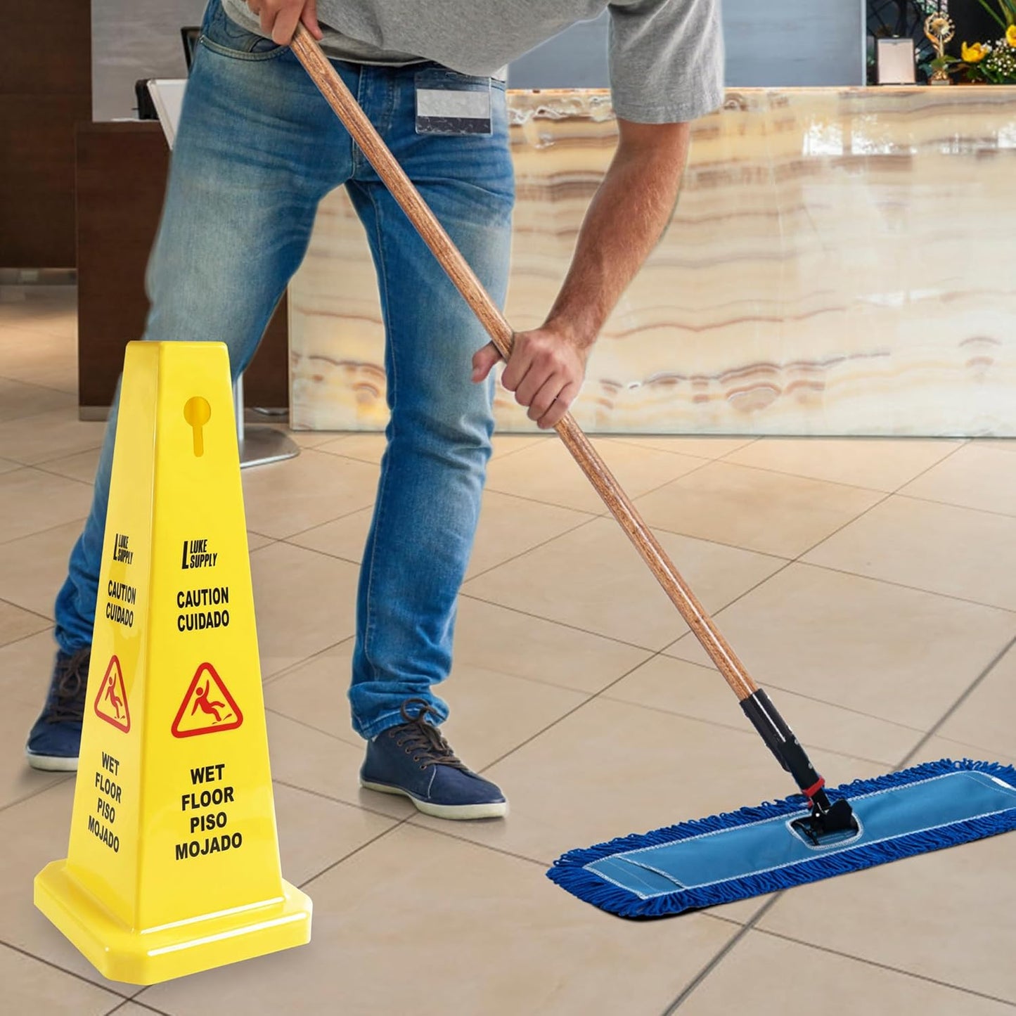 MATTHEW CLEANING 6 Packs 36” Caution Wet Floor Safety Cones for Indoors and Outdoors,Bright Yellow Caution Wet Floor Sign,4-Sided Bilingual Signs,Avoid Fall & Slip Accident