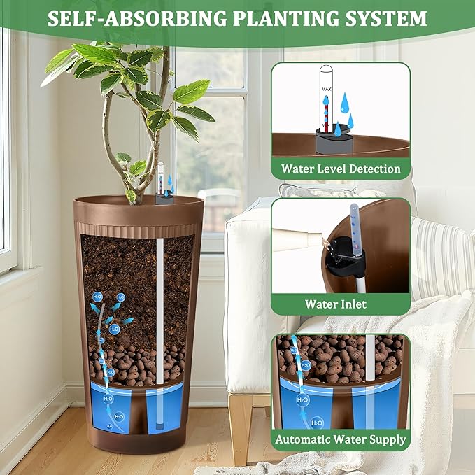 TUYOHW Set of 2 Self-Watering 24in Plastic Round Planters with Vertical Stripe Design – Indoor Outdoor Flower Pots for Plants, Herbs, Small Trees