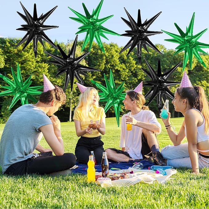 Black Green Star Balloons,9Pcs 22Inch Black Green Explosion Spike Cone Helium Polyester Film Star Foil Balloons for Birthday Anniversary Baby Shower Disco Party Decorations