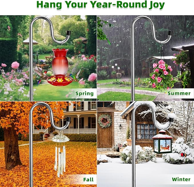 COCONUT 78 Inch Shepherds Hook for Bird Feeder, 5/8 Inch Width Heavy Duty Adjustable Outdoor Shepherd Hooks with 5-Prong Base for Lanterns Planting Hanger Weddings Decor, Silver