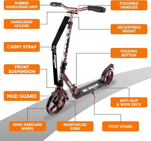 Hurtle Renegade Kick Scooter - 2-Wheel Folding Design with Adjustable T-Bar Handlebar & Anti-Slip Deck