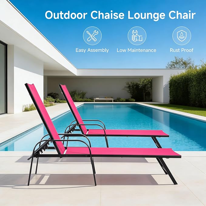 DUMOS Outdoor Lounge Chaise, 5-Position Chaise Lounge with Armrests, Sun Tanning Chair 350 lbs Heavy Duty Patio Pool Chair, Waterproof Sun Lounger for Deck, Backyard, Beach & Poolside, Pink