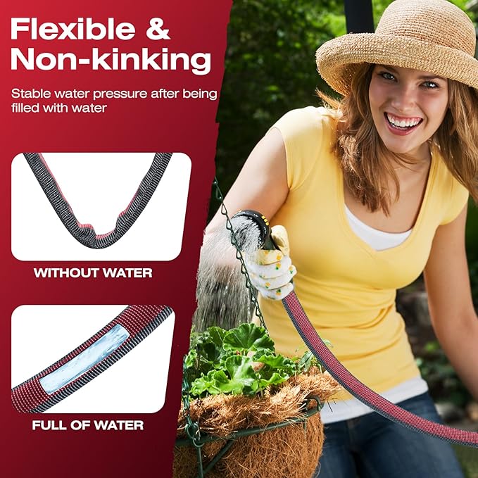 Flexible & Lightweight Garden Hose - 2026 Upgrade Non-Expanding Hose with Latex Core, Heavy-Duty & Kink-Free Design for High Pressure - Outdoor Yard, Car Washing (Gray/Red, 75 FT)