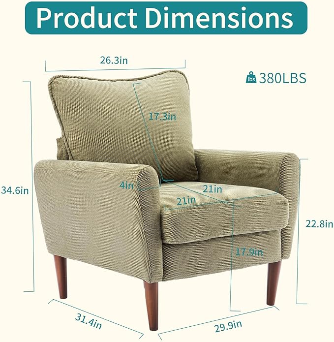 OLIXIS Comfy Accent Chair for Living Room Bedroom and Waiting Room, Upholstered Mid-Century Reading Chair with Pillow and Solid Wood Legs, Wide Singe Modern Lounge Sofa (Green, 2 Pack)