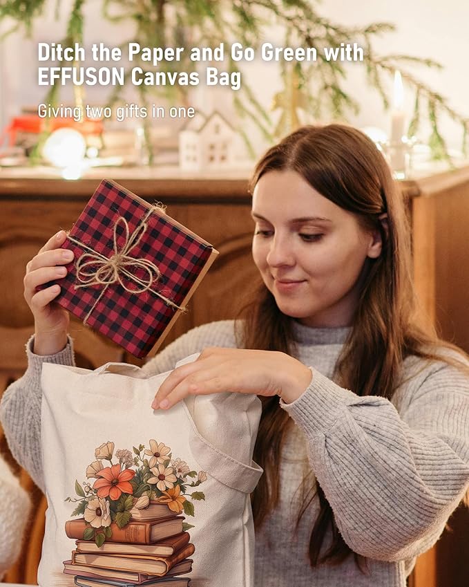 Canvas Tote Bag with Aesthetic Prints, Cute Tote Bag for Women Girls with Wide Strap, Gifts for Cat Book Lovers