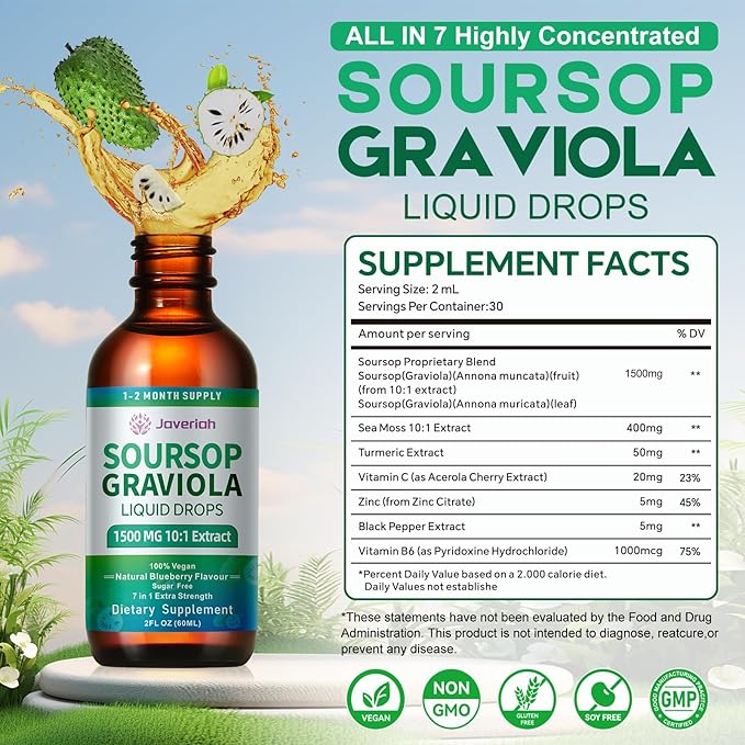 Soursop Graviola Liquid Drops Supplement with Sea Moss Extract, Soursop Bitters Liquid for Cell Support & Regeneration, Immunity, Liver, Antioxidant, Graviola Leaves Extract 2 Month Supply 60ML