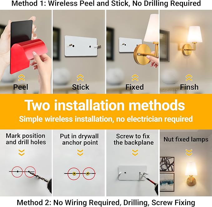 Vimhou Peel and Stick Wall Sconces, Stick On Wall Sconce Set of 2, Battery