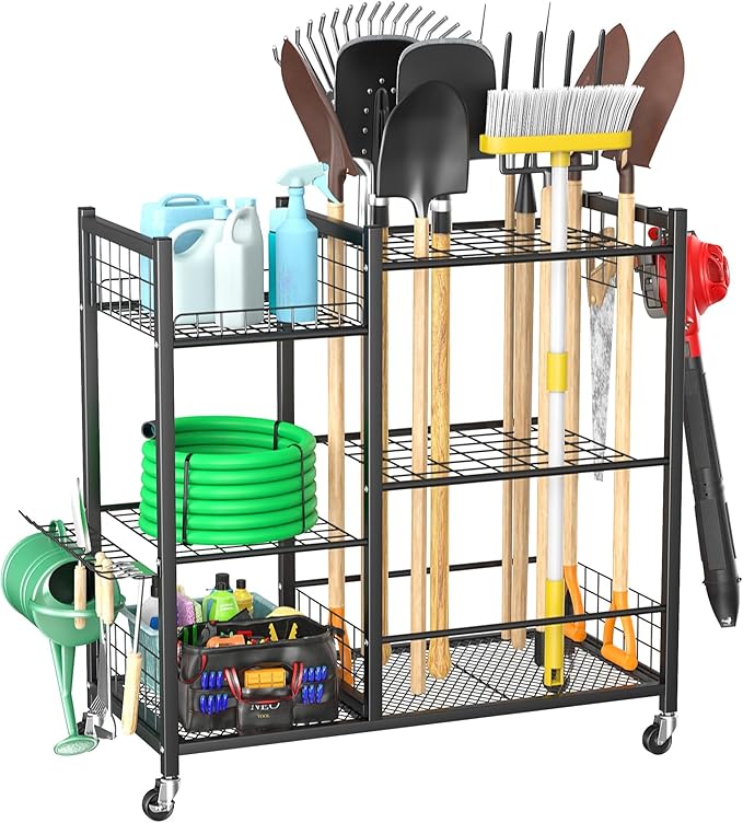 WALMANN Large Garden Tool Organizer with Wheels for Garage, Rakes/Shovels/Yard Tools Storage Stand for Yard, Garden, Indoor/Outdoor Long-Handled Tools Rolling Cart(Tool stand with shelves)