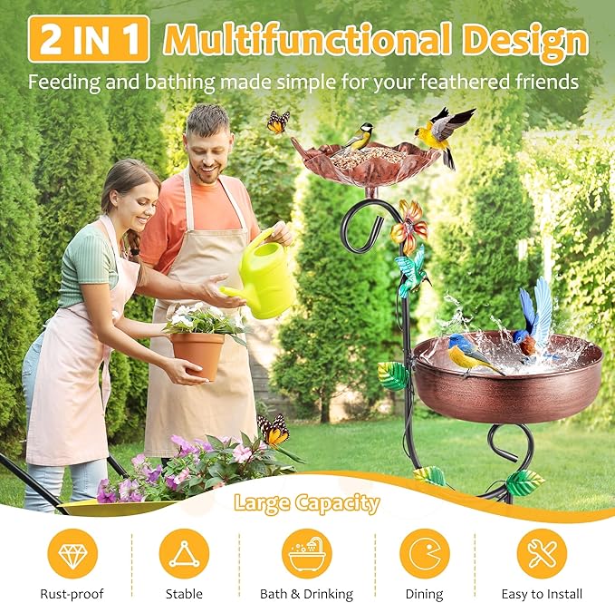 2 In 1 Bird Bath for Outside, Freestanding Large Bird Feeder Birdbaths for Outdoors, Garden Metal Bird Baths Bowl for Patio Yard, Copper