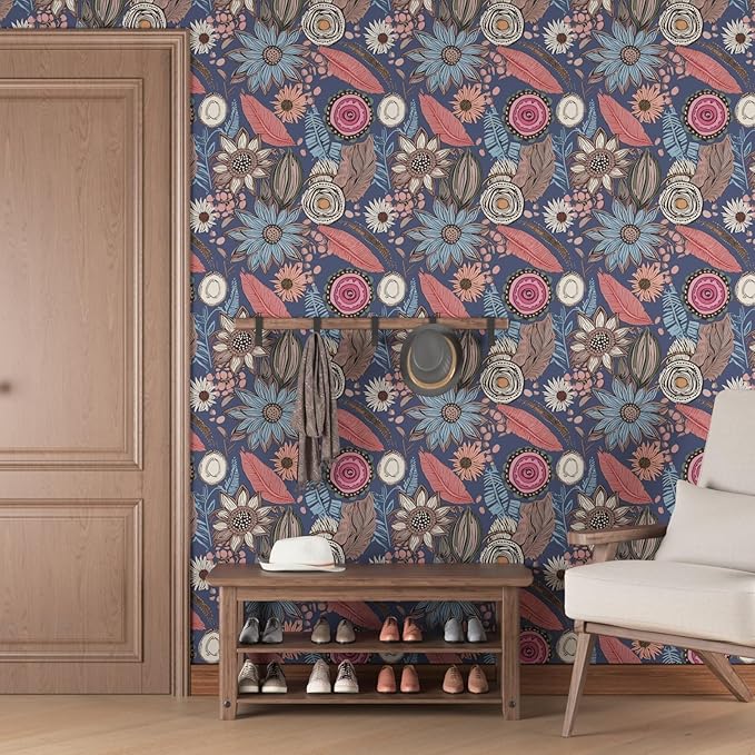 Blue Pink Wallpaper Peel and Stick, Vintage Boho Floral Contact Paper 17.5" x