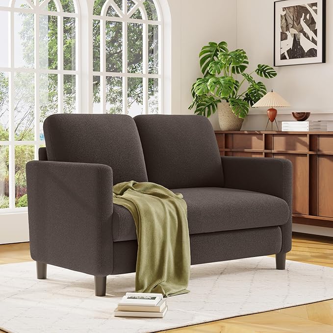 Loveseat Sofa, 51" Love Seat, Comfy Teddy Small Loveseat for Small Spaces, Tool-Free Setup Sofa Couch for Bedroom, All-Wood Couches for Living Room, No Pillow Included, Brown