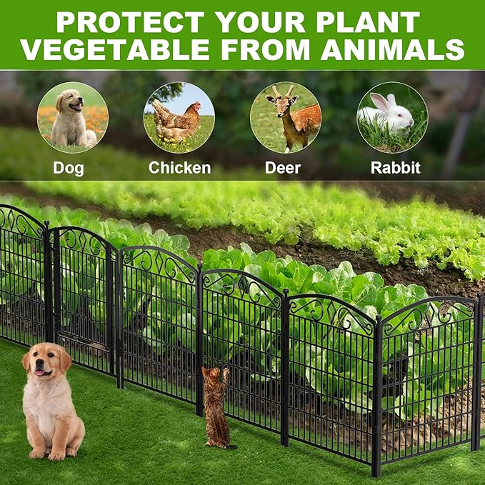 12 Panels No Dig Decorative Garden Fence with Gate, GATKITOM 31.3in(H) x 26ft(L) Rustproof Animal Barrier Metal Dog Fence Outdoor for Yard, Patio, Temporary Garden Fencing with Ground Stakes
