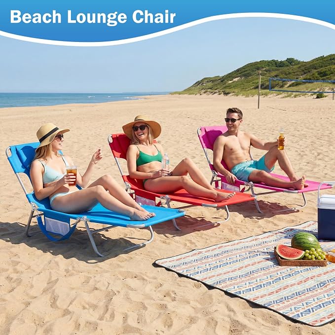 DUMOS Lounge Chair Outdoor, Beach Tanning Chair with Face Hole, Red | 5-Position Adjustable Sunbathing Tanning Chair, Foldable Portable Chaise Lounge by Pool Patio Lawn Camping Reading, Arm Hole