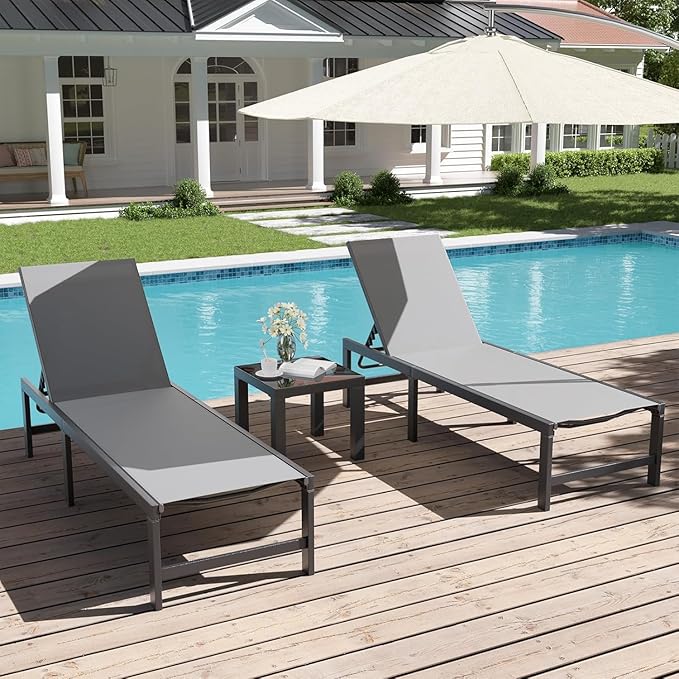 UDPATIO Outdoor Chaise Chairs & Table 3 Pieces Pool Lounge Chair, Adjustable Poolside Sunloungers Lay Flat Sunbathing Chaise with Backrest for Patio, Beach, Yard, Pool
